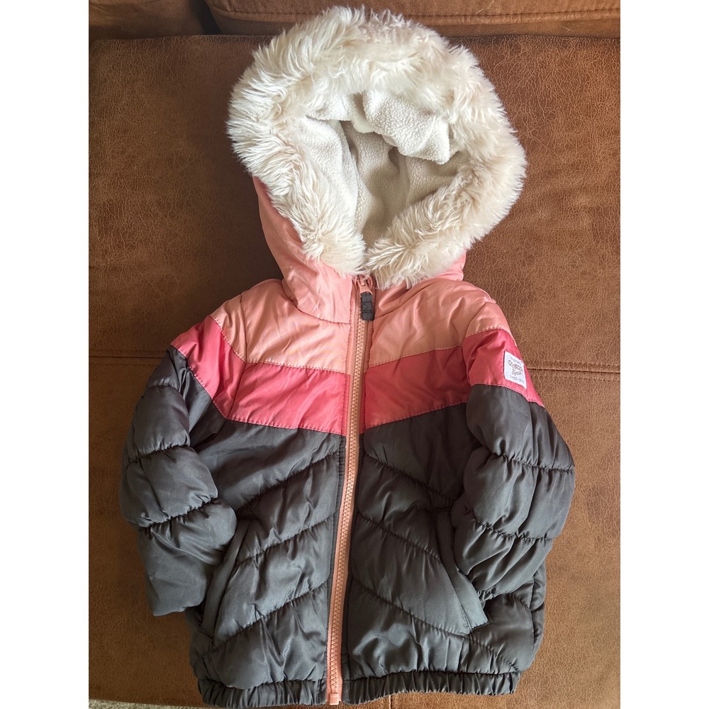 OshKosh B'gosh Puffer Jacket Girls 2T Pink Grey Good Faux Fur Hood Fleece Lined